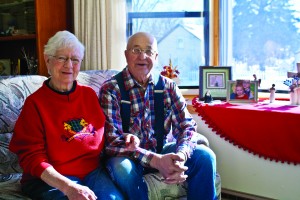 WINNERS OF THE PIONEER'S VALENTINE'S DAY CONTEST — Agnes and Clarence Kitzan received a gift basket full of items from generous local sponsors: movie tickets from Bowman Theatre, a box of chocolates from Lasting Visions, a bottle of wine and two wine glasses from the Crystal Bar and a gift certificate for dinner for two from Jabbrs. The Pioneer wishes to thank all the generous sponsors. PHOTO BY BRYCE MARTIN/PIONEER