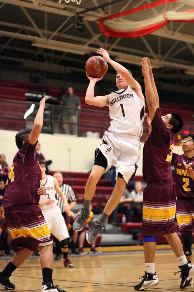 Alex Bartholomay makes a jump shot. (Photo by Jason Waskiewicz/Pioneer)