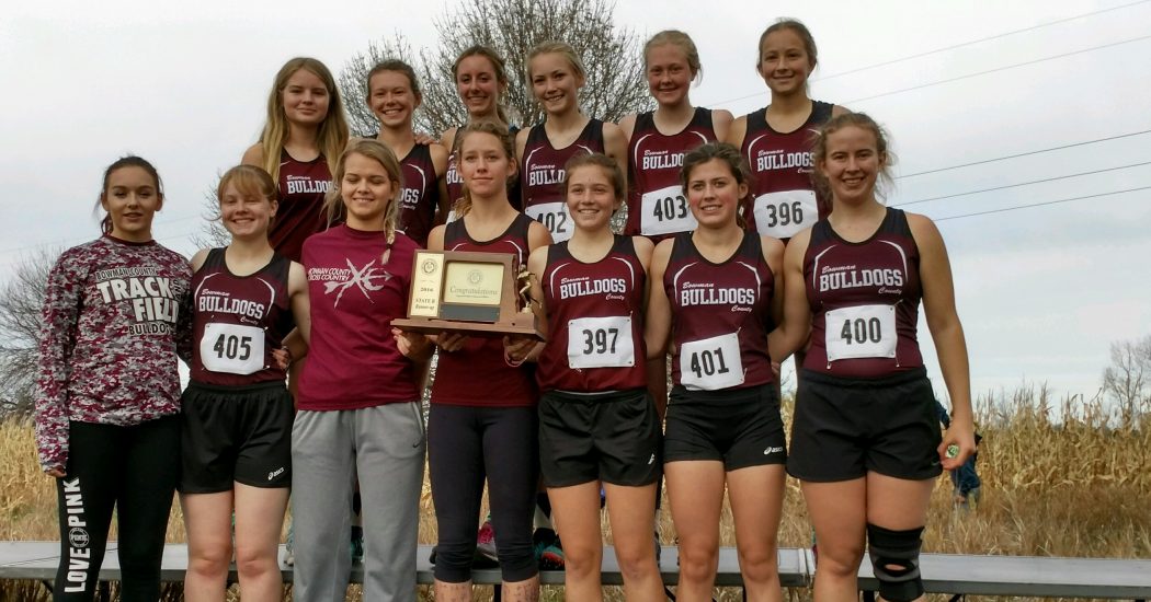 The runners up, Bowman County Girls Cross Country Team — Front Row:  Myia Zook, Brenna Wokal, Quin McKitrick, Lacey Feist, Mikayla Bartholomay, Natalie Kempenich, Becki Fuchs. Back Row:  Audrey Lazzara, Brooke Peterson, Vanessa Fischer, Jocelyn Kulseth, Alexius mIller, Abigail Bartholomay. Not Pictured:  Michaela Fischer, Kenna Halleen.