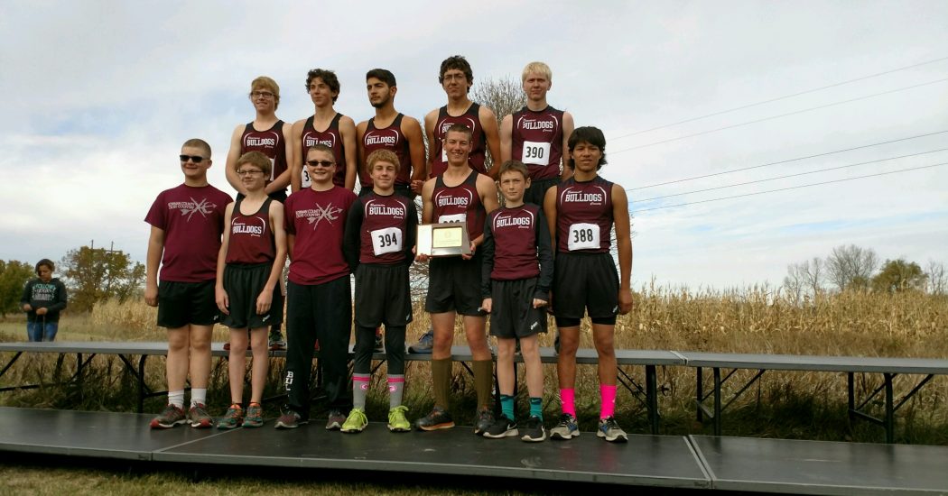Bowman County’s boys cross country team finishes third — Front Row:  Levi Kelly, Noah Wokal, Kevin Fischer, Camden Wokal, Ehtan Fischer, Ben Knopp, Alex Madrigal. Back Row:  Austin Richard, Brian Miller, Kamrin Madrigal, Mason Moran, Andrew Miller.