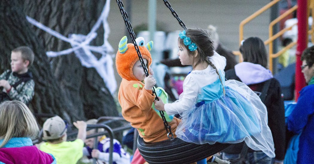 Having fun on a swing at the Bowman City Park during last year’s Fright Fest. This year the event, held on Halloween, will begin at 5:30 p.m. at the park, following trick-or-treating down Main Street. (Pioneer Photo by Bryce Martin)
