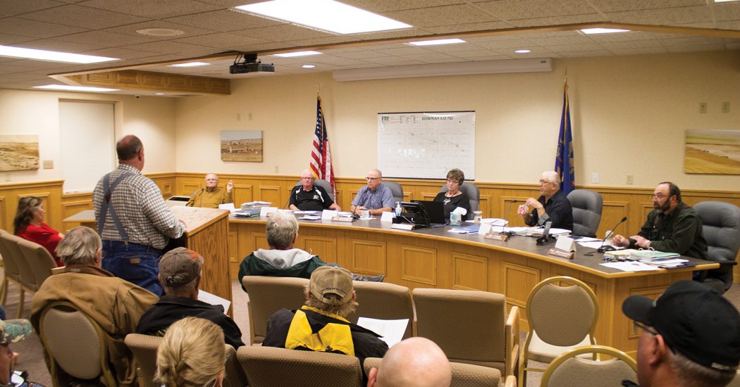 Jerry Jeffers, a candidate for Bowman County Commissioner, takes the podium during the Oct. 4 special meeting of the county to discuss budgetary issues. (Pioneer Photo by Bryce Martin)