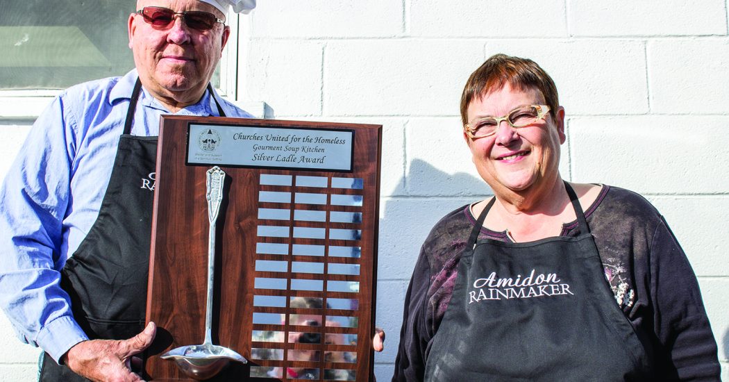 Harold and Linda Narum of Amidon were the winners of the eighth annual Gourmet Soup Kitchen charity fundraiser, held Oct. 3 in Fargo. Called the “Rain Makers” of Amidon, the couple traditionally is active in southwestern North Dakota and commonly holds large feasts for friends, family and community members. (Pioneer Photo by Bryce Martin)